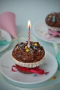 One Birthday Muffin, Cupcake with Candle, on Grey Blue background. Pink bow. Isoalted. Burning Candle. Royalty Free Stock Photo