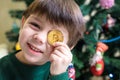 One Bitcoin in the hand of young boy. Concept. Crypto digital gold