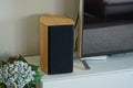 One black brown audio speaker stands on a white table with a television