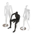 One black, faceless mannequin guy sits on a white box and two white mannequin guys stand on each side. 3D rendering