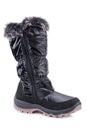 One black glossy fabric woolen woman winter boots isolated