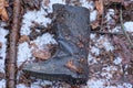 one black old dirty torn rubber boot lies on gray ground Royalty Free Stock Photo