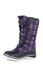 One black and purple glossy fabric woolen woman winter boots isolated