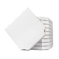 One blank box over a stack of closed white cardboard plain boxes for pizza isolated white Royalty Free Stock Photo