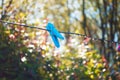 One blue clothes peg hanging on a metal string