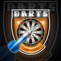 One blue darts with round target in center of shield. Sport logo for any darts game or championship Royalty Free Stock Photo