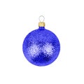 One blue glass ball white background isolated close up, dark blue ÃÂ¡hristmas tree decoration, single shiny round bauble, new year