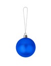 One blue glass ball white background isolated close up, dark blue ÃÂ¡hristmas tree decoration, single shiny round bauble, new year