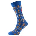 One blue sock with a pattern of lots of Christmas gingerbread, on a white background