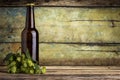 One bottle of beer with bunch of hops on wood background Royalty Free Stock Photo