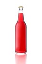 One bottle with red liquid, metal cap against glossy white background Royalty Free Stock Photo