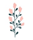 One branch with pink flowers and green leaves drawn by hand. Vector illustration, eps 10. Royalty Free Stock Photo