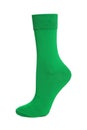One bright green sock on white background