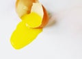 one broken chicken egg, shell and yolk on a light background close-up Royalty Free Stock Photo