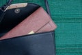 Brown wallet in an open black leather bag on the green wall Royalty Free Stock Photo