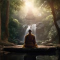 Buddha monk practice meditation with waterfall.Generative ai Royalty Free Stock Photo