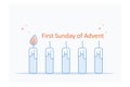 One burning advent candle. Erster Advent german text. Flat Holiday design with candles on white background.