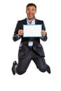 One business man jumping holding showing whiteboard Royalty Free Stock Photo