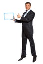 One business man jumping holding showing whiteboard Royalty Free Stock Photo