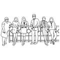 One businessman and five businesswomen standing together vector illustration sketch doodle hand drawn with black lines isolated on
