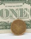 Canadian dollar coin next to a dollar bill. Royalty Free Stock Photo