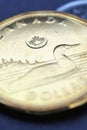 One Canadian dollar. Fragment of coins close up. Vertical illustration on the theme of economy or banking. Coins and money of