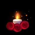 One Candle glowing with red roses. Vector illustration isolated on a black background. Royalty Free Stock Photo