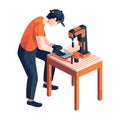 One carpenter repairing wood material with machinery