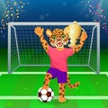 A jaguar in uniform standing on the ball and cheering with goblet on the soccer field