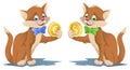 One cat holding dollar symbol and another eagle holding euro symbol