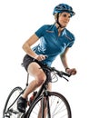 Cyclist cycling riding bicycle woman isolated white background