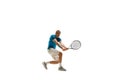 One caucasian man playing tennis player isolated on white background Royalty Free Stock Photo