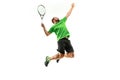 One caucasian man playing tennis player isolated on white background Royalty Free Stock Photo