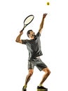 Mature tennis player man serving service isolated white background Royalty Free Stock Photo