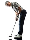 Senior man golfer golfing shadow silhouette isolated white back Royalty Free Stock Photo