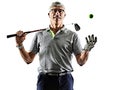 Senior man golfer golfing shadow silhouette isolated white back Royalty Free Stock Photo