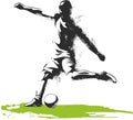 One caucasian soccer player man playing kicking in silhouette isolated on white background Royalty Free Stock Photo