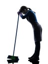 Woman maid housework tired brooming silhouette