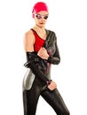 Woman triathlon triathlete ironman swimmer swimming swimsuit isolated white background Royalty Free Stock Photo