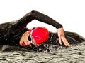 Woman triathlon triathlete ironman swimmer swimming swimsuit isolated white background Royalty Free Stock Photo