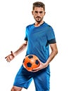 Young soccer player man isolated white background standing Royalty Free Stock Photo