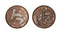 One cent brazilian real coin, front and back faces Royalty Free Stock Photo