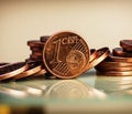 One cent coin is on coins. Euro money. Royalty Free Stock Photo