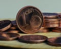 One cent coin is on coins. Euro money. Royalty Free Stock Photo