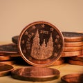 One cent coin is on coins. Euro money. Royalty Free Stock Photo