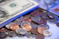 One Cent coins from USA. Dollar Currency in Coins and Banknotes. 100 Dollar Bills Royalty Free Stock Photo