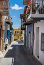 One of the central streets of Lefkara. Very narrow and authentic street. Cozy houses with colorful facades and balconies,