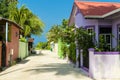 One of the central streets of small tropical island, overlooking the Indies Ocean, Kaafu Atoll, Kuda Huraa Island, Maldives Royalty Free Stock Photo