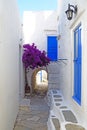 One of the charms of Mykonos, Greek island in the heart of the cyclades, are its narrow streets : white houses with small flowered