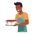 One cheerful chef holding sweet cake